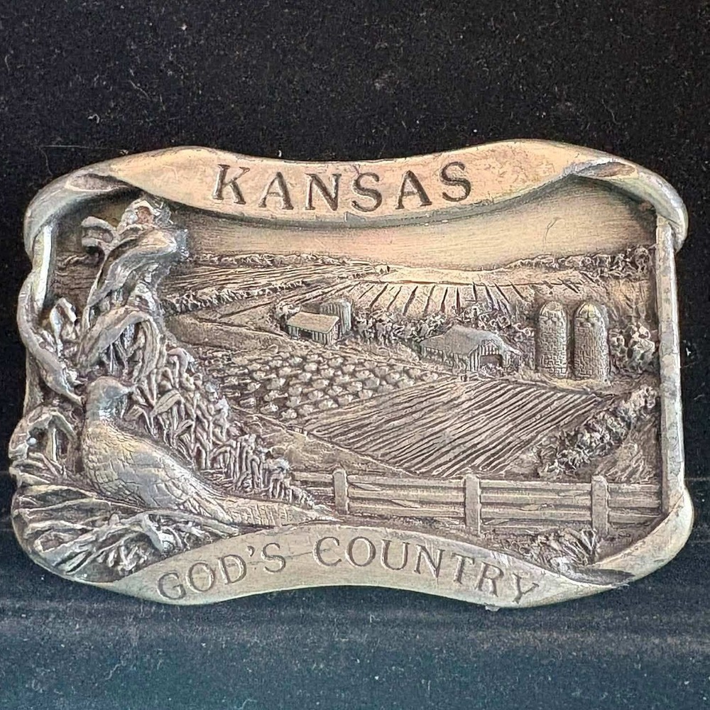 Vintage 1984 Siskiyou Buckle Co Kansas Gods Country Belt Buckle B-23 Pewter Tone